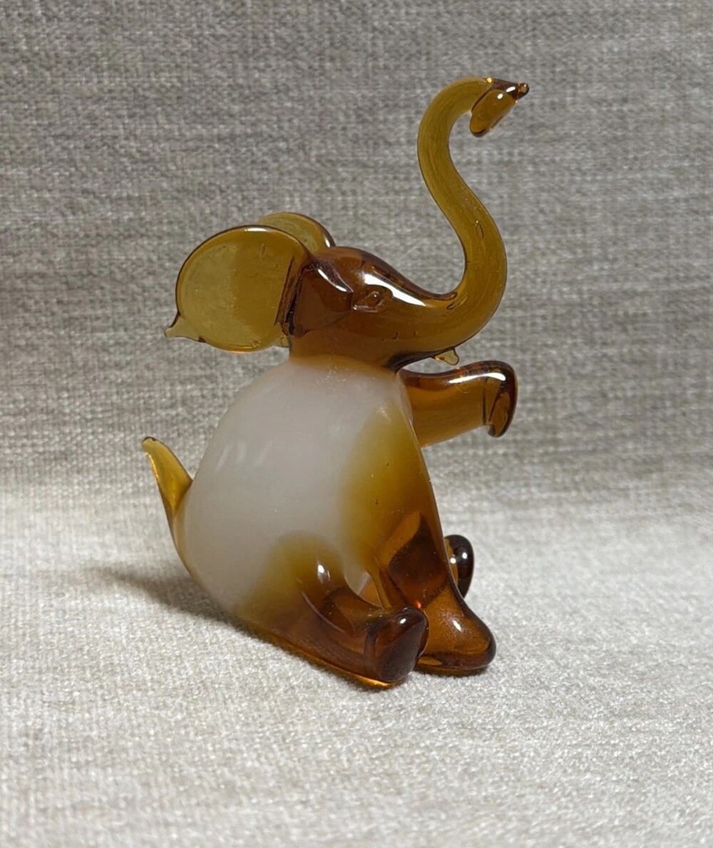 Art Glass Amber & White Sitting Elephant Trunk Up Small Figurine Good Luck